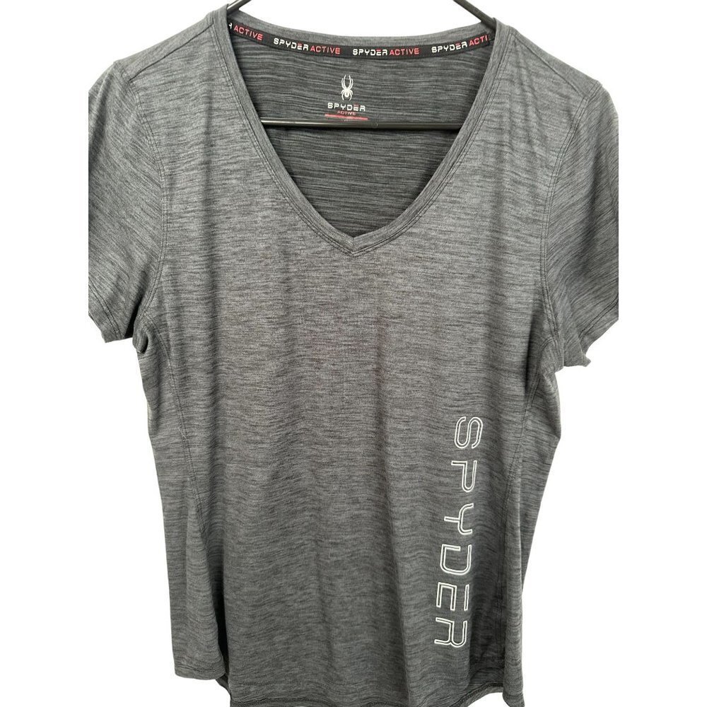 Spyder Active Womens V-Neck T-Shirt Gray Space Dye Logo Short Sleeve Size M